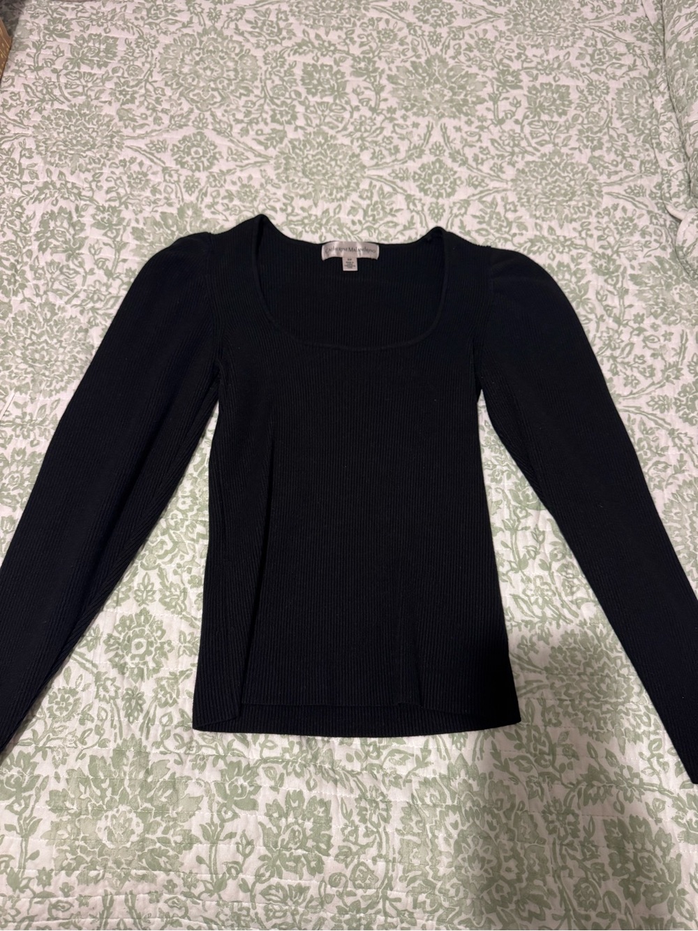 Catherine Malandrino Black Ribbed Scoop-Neck Long Sleeve Top